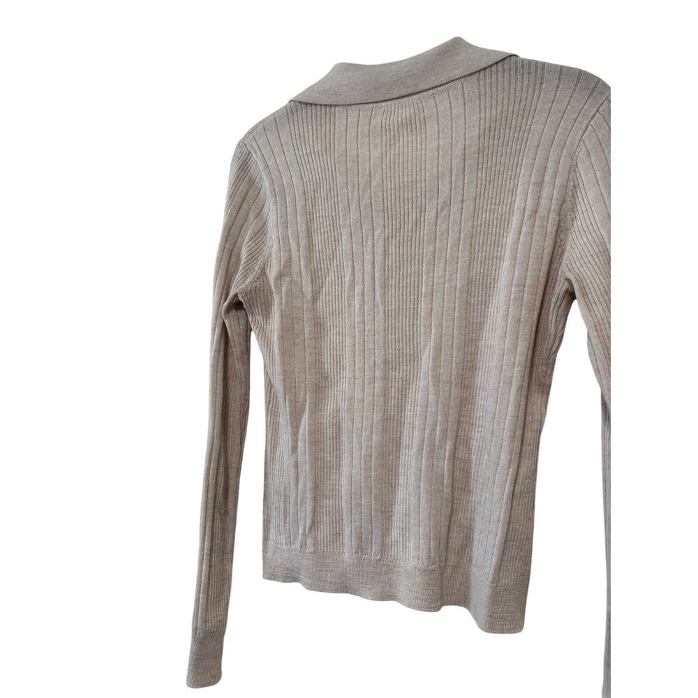 Elie Tahari Women’s Ribbed Knit Collared Polo Sweater Beige Long Sleeve Stretch - Picture 7 of 9